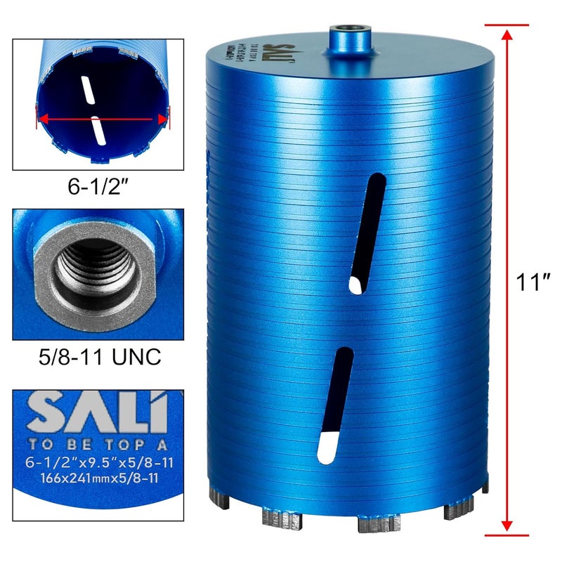 SALI Diamond Core Drill Bits 6 1/2" Diameter 10"/254mm Drilling Depth 5/8-11" Thread Core Bit Turbo Laser-Welded Segments for Cured Concrete with, Brick, Block, Masonry, with Two Adapters - Image 2